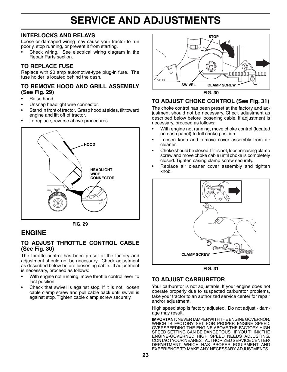 Service and adjustments, Engine | Poulan 186914 User Manual | Page 23 / 48