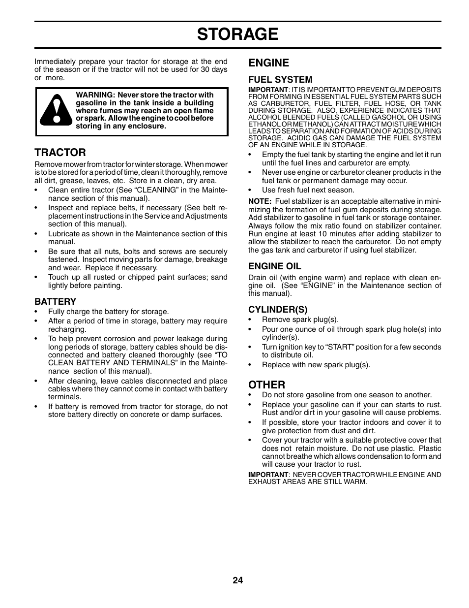 Storage, Tractor, Engine | Other | Poulan 186914 User Manual | Page 24 / 48