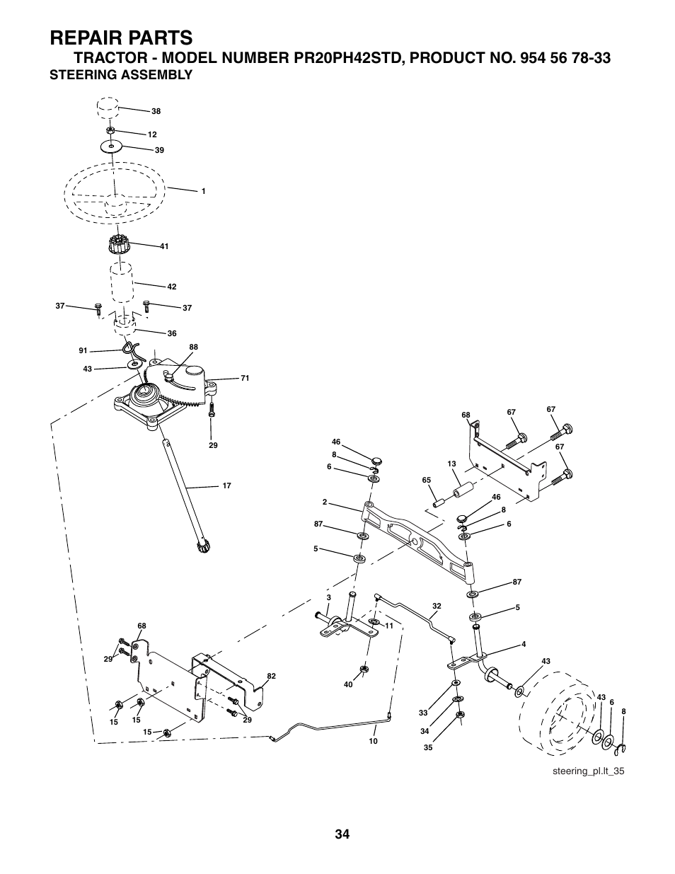 Repair parts, Steering assembly | Poulan 186914 User Manual | Page 34 / 48