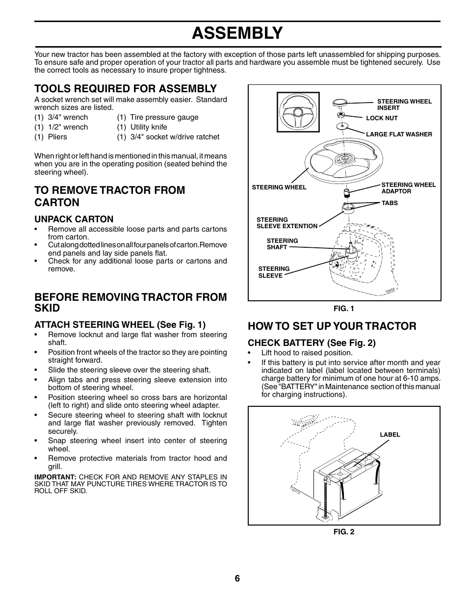 Assembly, Tools required for assembly, Before removing trac tor from skid | How to set up your tractor | Poulan 186914 User Manual | Page 6 / 48
