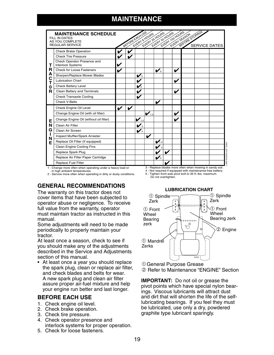 Maintenance, General recommendations, Before each use | General purpose grease | Poulan 191491 User Manual | Page 19 / 33