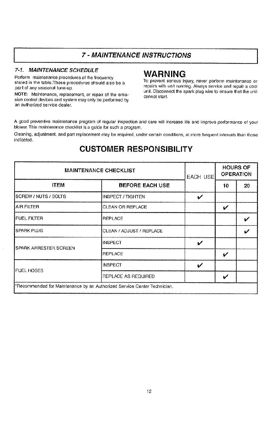 Warning, Customer responsibility, 7 - maintenance instructions | Poulan PPBP30 User Manual | Page 12 / 18