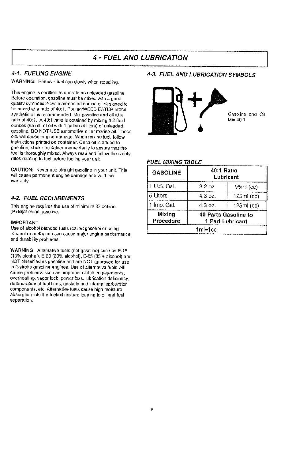 Fubl and lubrication | Poulan PPBP30 User Manual | Page 8 / 18