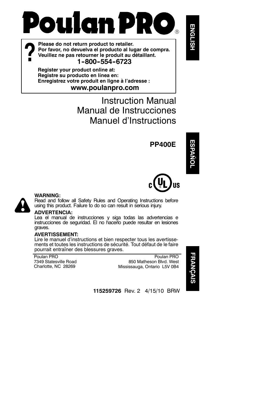 Poulan Pro PP400E User Manual | 17 pages