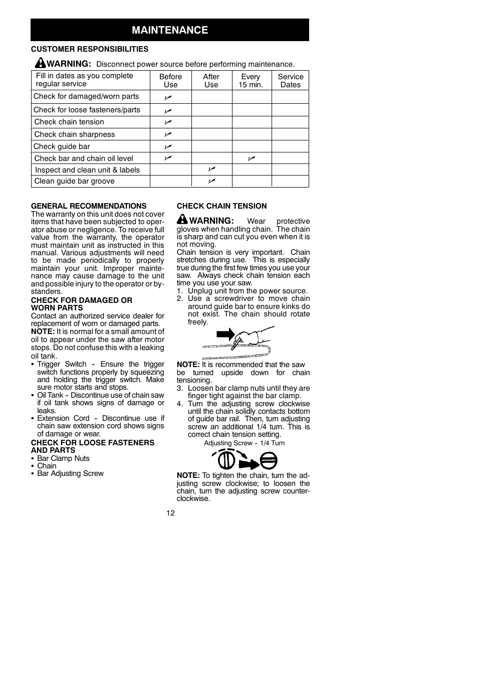 Maintenance | Poulan Pro PP400E User Manual | Page 12 / 17