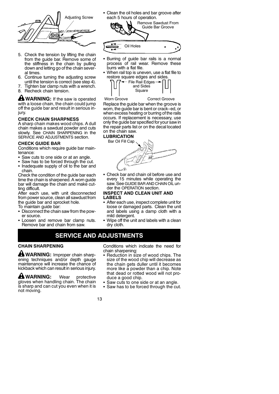 Service and adjustments | Poulan Pro PP400E User Manual | Page 13 / 17