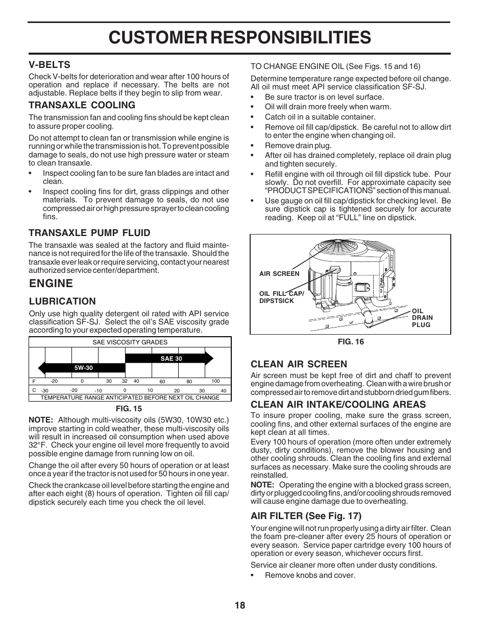 Customer responsibilities, Engine, Clean air screen | Transaxle cooling, Transaxle pump fluid, Clean air intake/cooling areas, Air filter (see fig. 17), V-belts, Lubrication | Poulan 183050 User Manual | Page 18 / 48