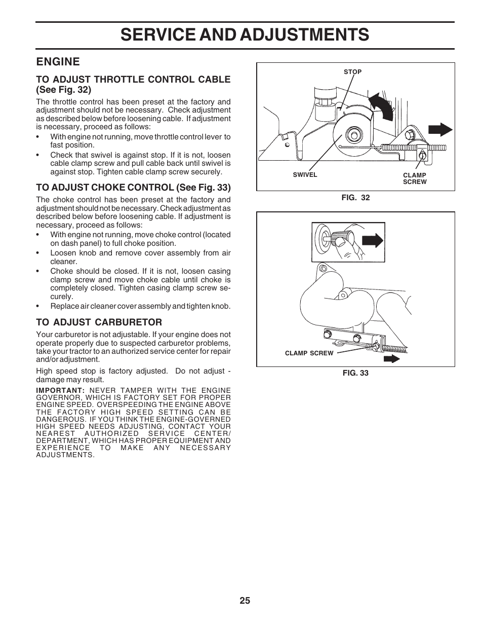 Service and adjustments, Engine | Poulan 183050 User Manual | Page 25 / 48