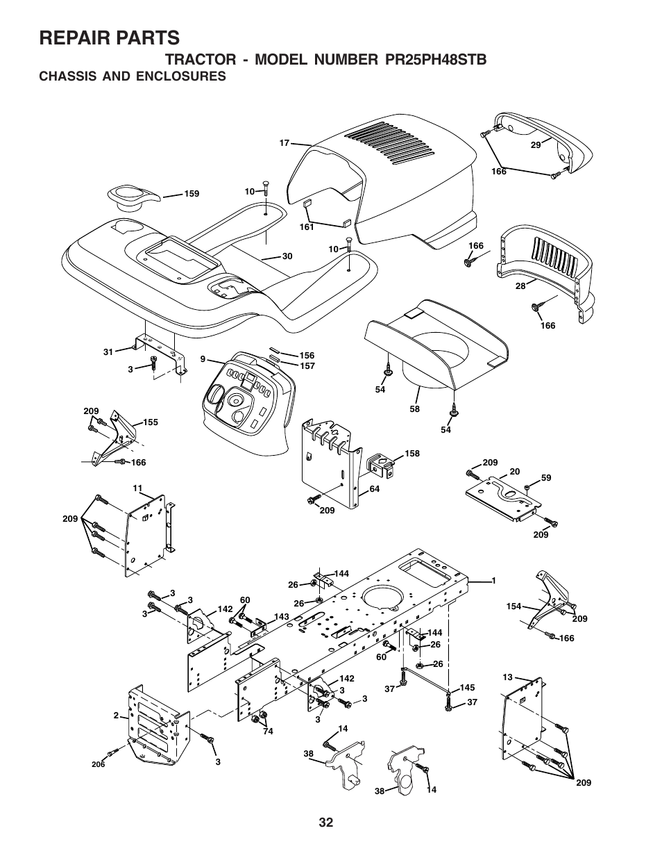 Repair parts, Tractor - model number pr25ph48stb, Chassis and enclosures | Poulan 183050 User Manual | Page 32 / 48