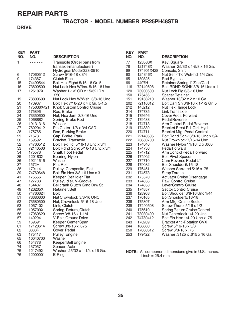 Repair parts, Tractor - model number pr25ph48stb | Poulan 183050 User Manual | Page 35 / 48