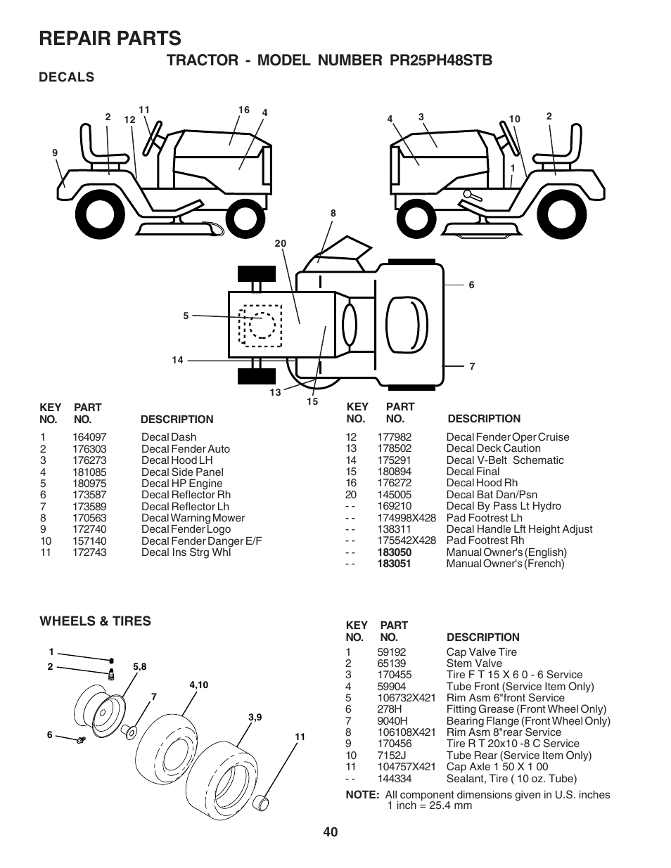 Repair parts, Tractor - model number pr25ph48stb | Poulan 183050 User Manual | Page 40 / 48
