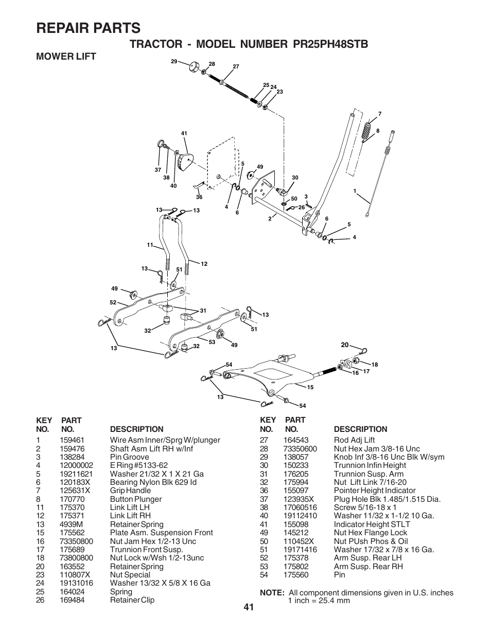 Repair parts, Tractor - model number pr25ph48stb, Mower lift | Poulan 183050 User Manual | Page 41 / 48