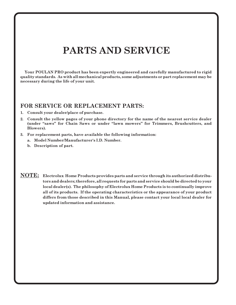 Parts and service | Poulan 183050 User Manual | Page 48 / 48