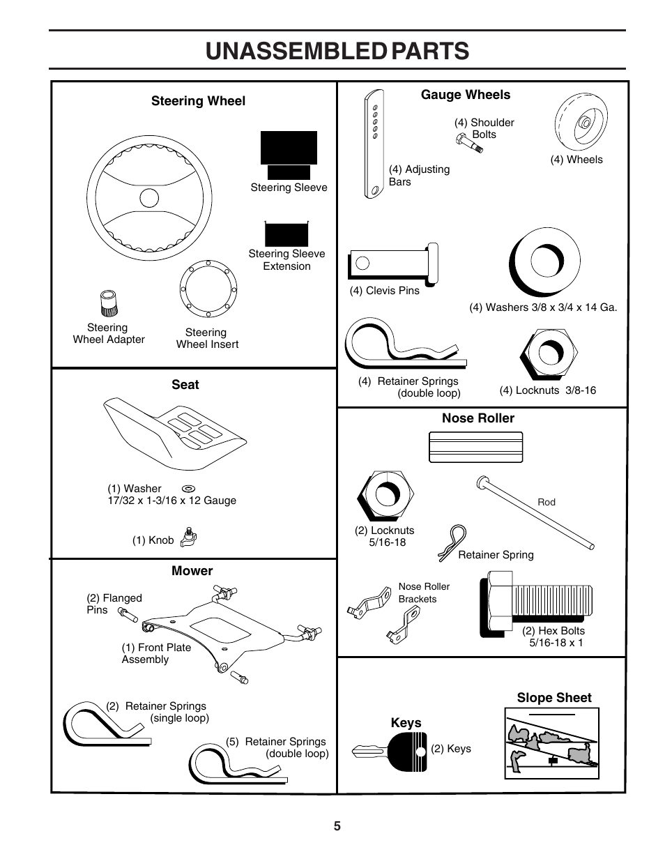 Unassembled parts | Poulan 183050 User Manual | Page 5 / 48