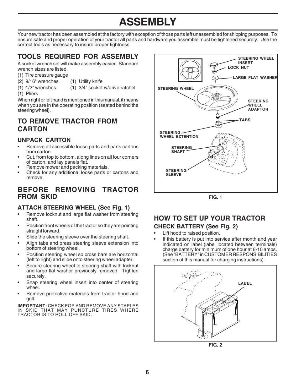 Assembly, Tools required for assembly, How to set up your tractor | Before removing tractor from skid | Poulan 183050 User Manual | Page 6 / 48
