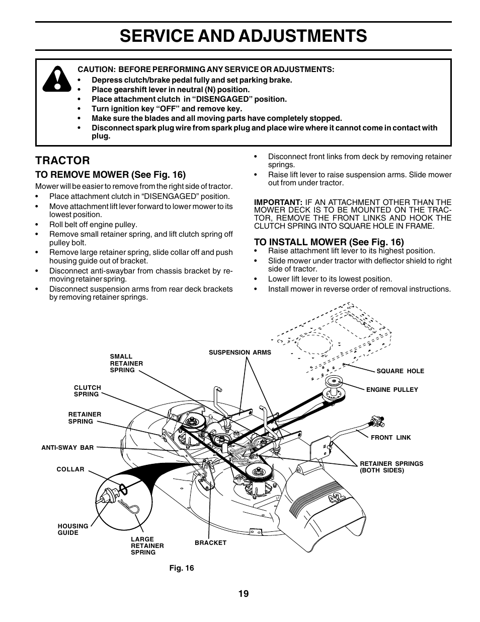 Service and adjustments, Tractor | Poulan 179414 User Manual | Page 19 / 48