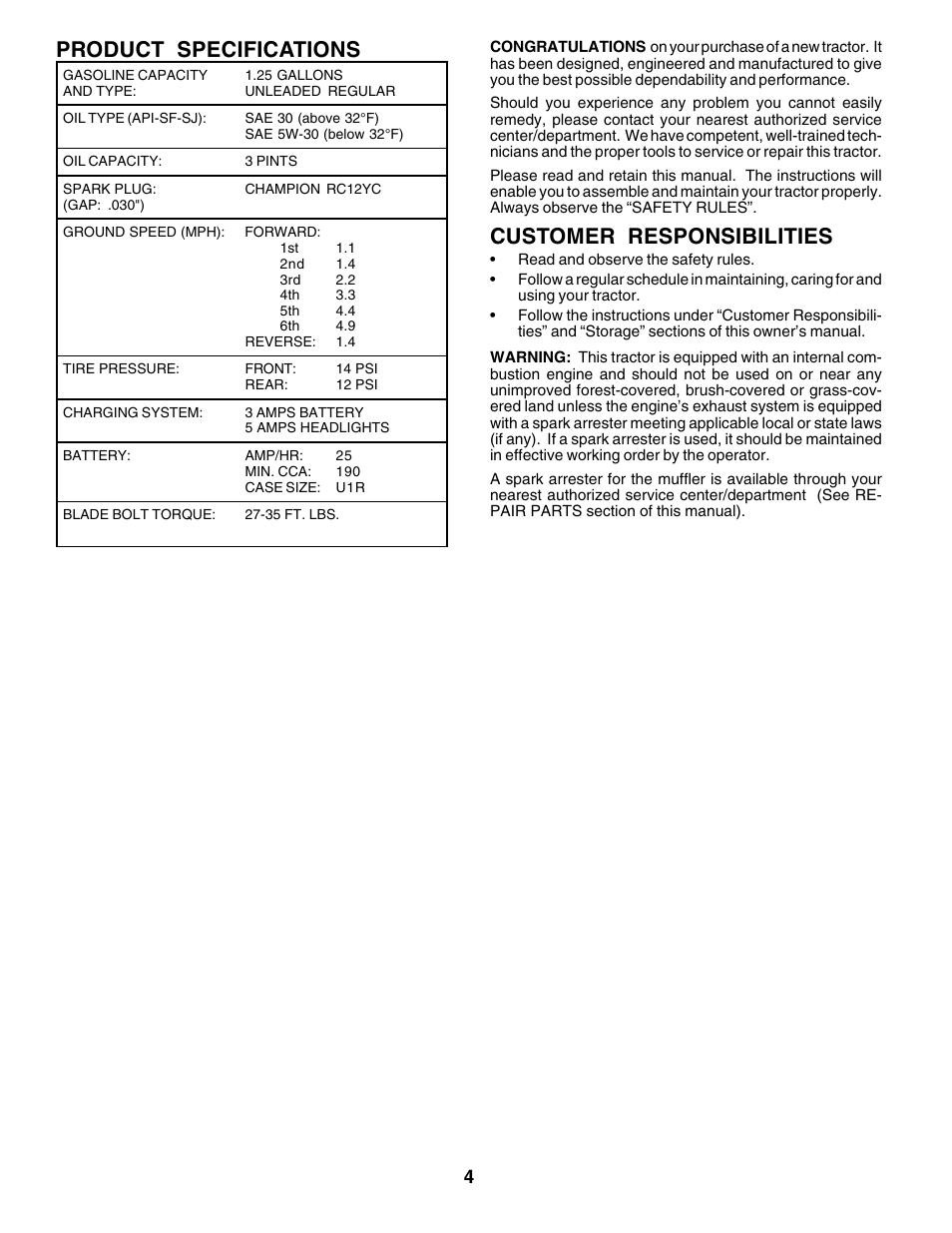Product specifications, Customer responsibilities | Poulan 179414 User Manual | Page 4 / 48