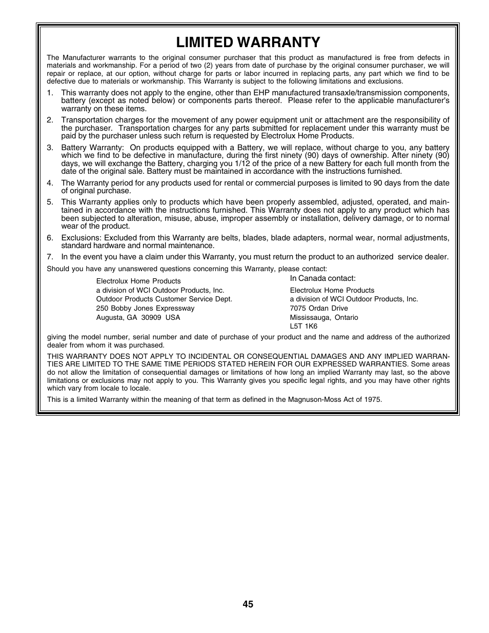 Limited warranty | Poulan 179414 User Manual | Page 45 / 48