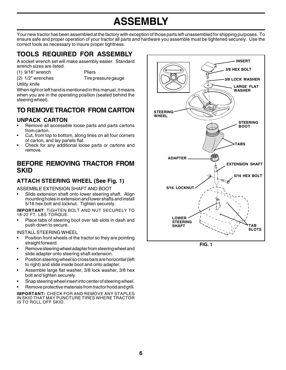 Assembly, Tools required for assembly, Before removing tractor from skid | Poulan 179414 User Manual | Page 6 / 48