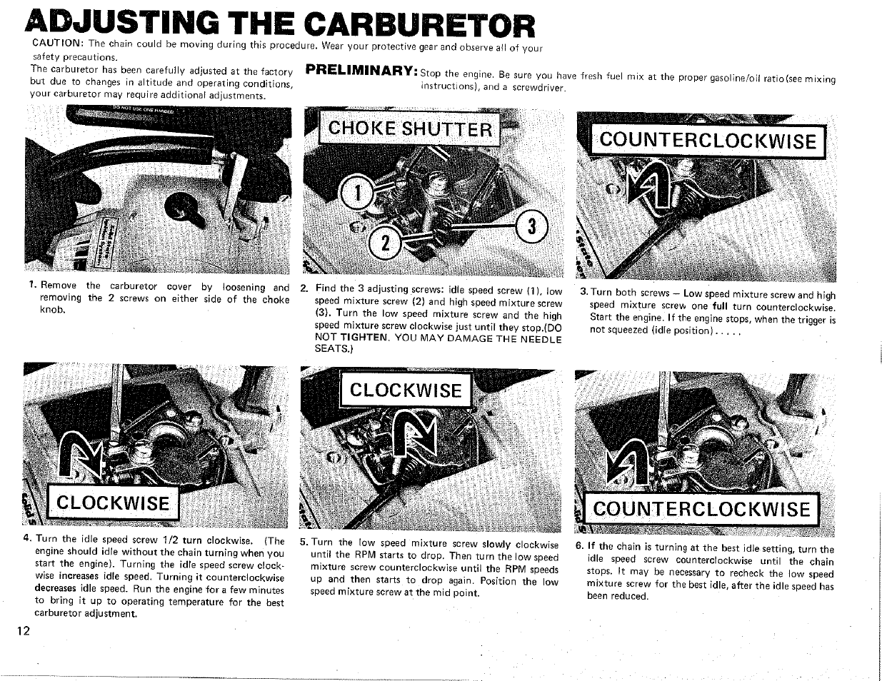 Adjusting the carburetor, Clockwise, Preliminary | Poulan Chainsaw User Manual | Page 12 / 16