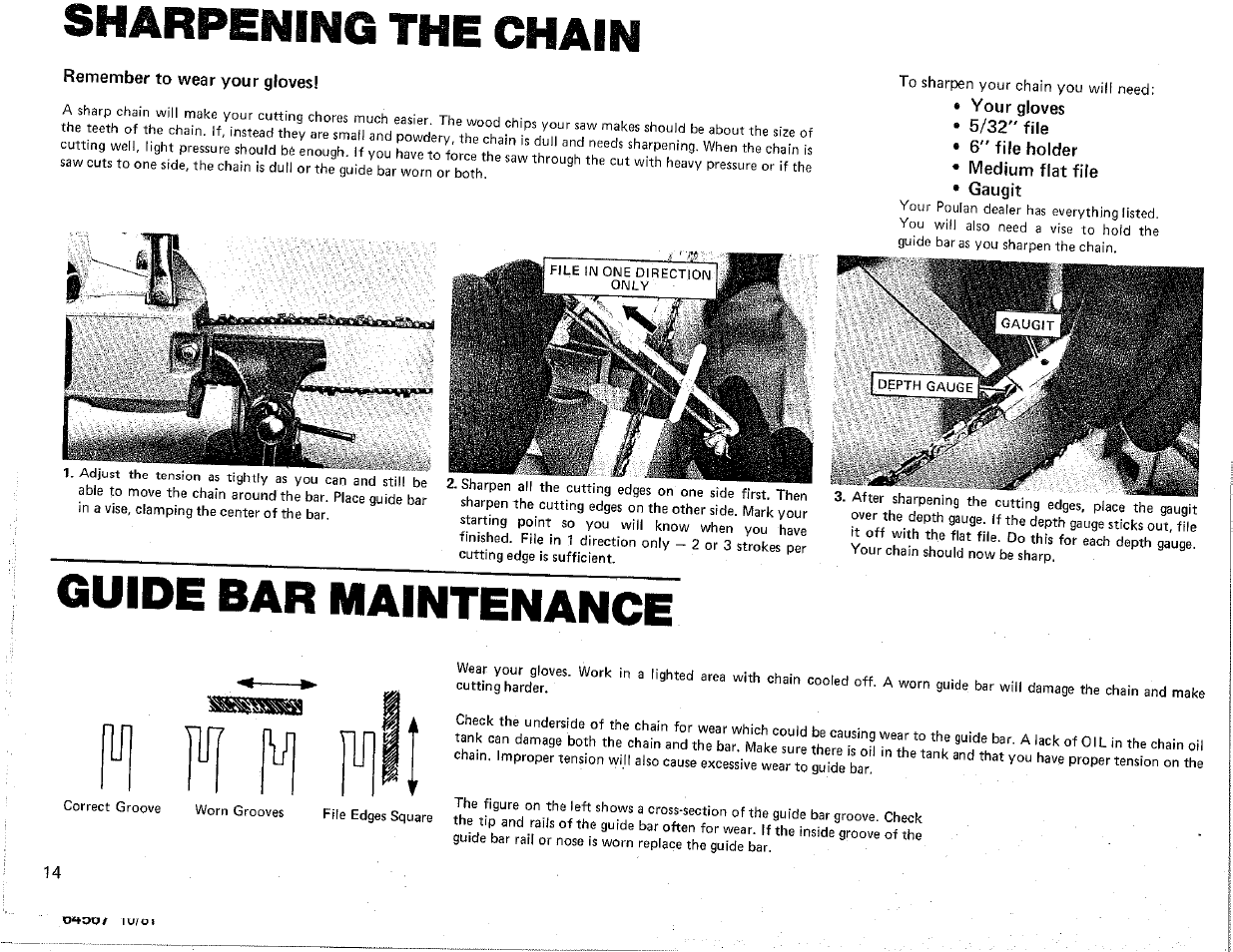 Sharpening the chain, Guide bar maintenance | Poulan Chainsaw User Manual | Page 14 / 16