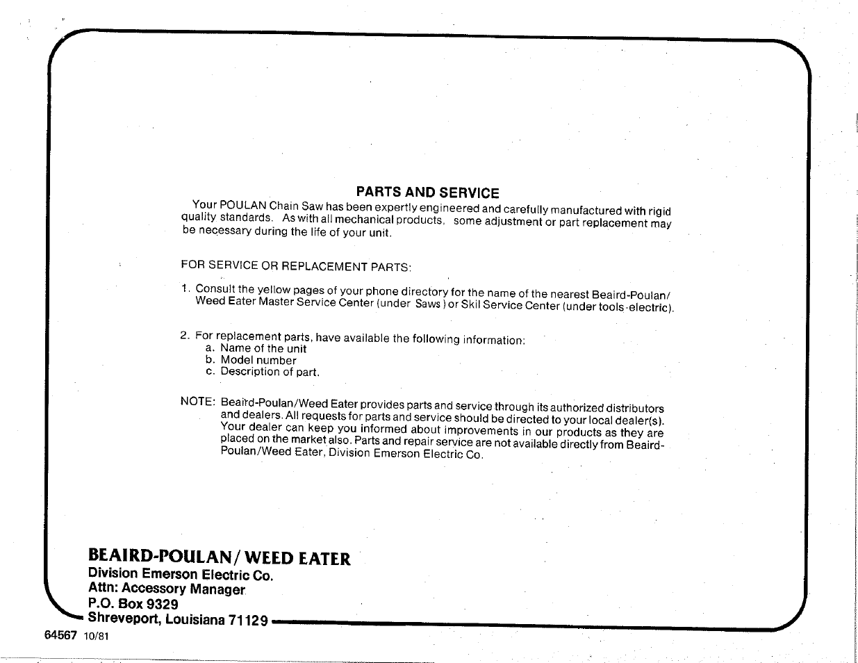 Parts and service, Division emerson electric co, Attn: accessory manager p.o. box 9329 | Shreveport, louisiana 71129 ■iii—iiiii, Beaird poulan/weed eater | Poulan Chainsaw User Manual | Page 16 / 16