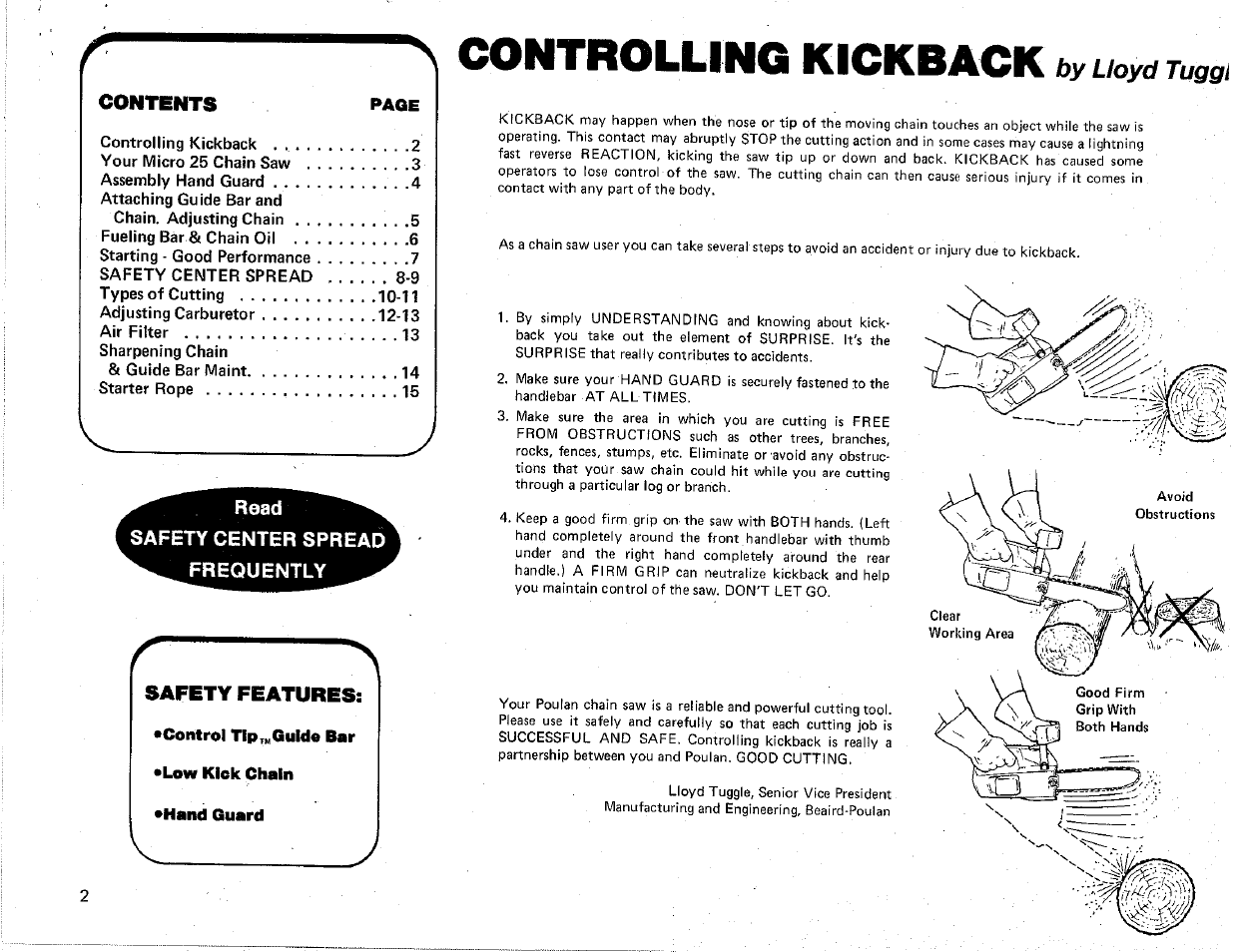 Controlling kickback, By lloyd tuggl | Poulan Chainsaw User Manual | Page 2 / 16