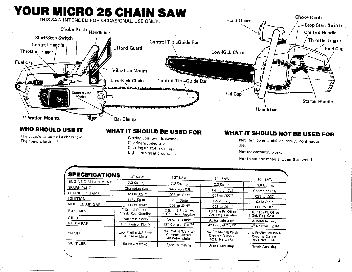 What it should not be used for, Your micro 25 chain saw, Who should use it | What it should be used for, Specifications | Poulan Chainsaw User Manual | Page 3 / 16