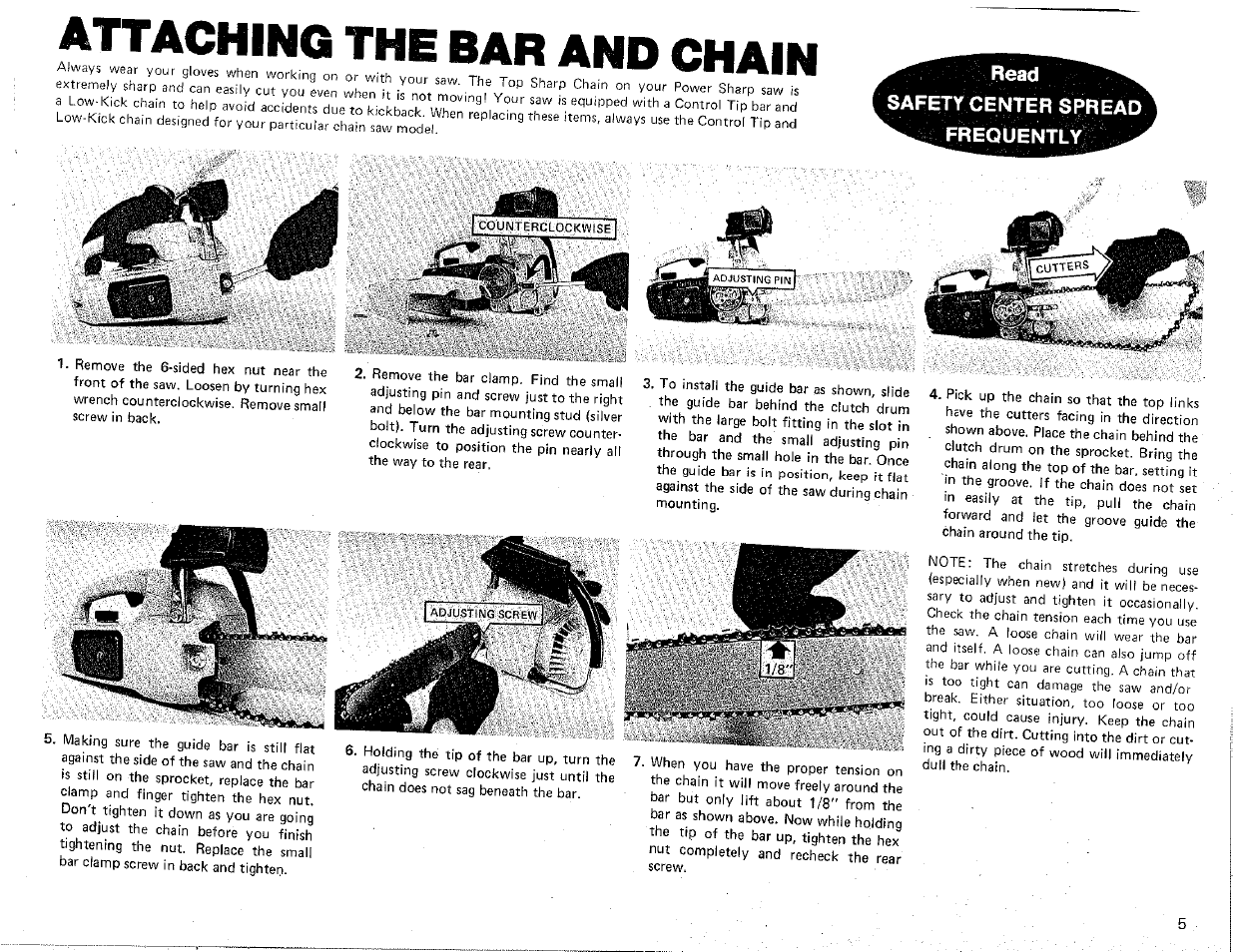 Attaching the bar and chain, Read safety center spread frequently | Poulan Chainsaw User Manual | Page 5 / 16