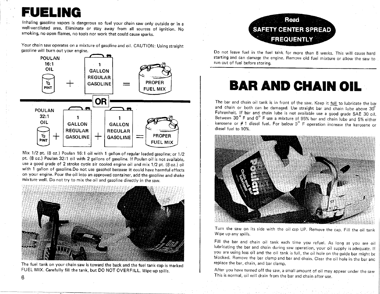 Fueling, Bar and chain oil | Poulan Chainsaw User Manual | Page 6 / 16