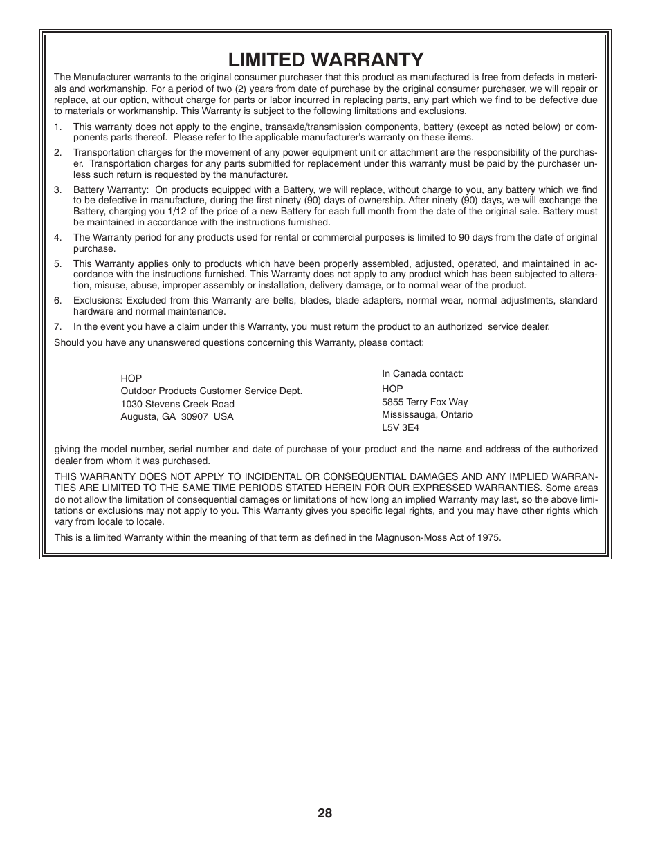 Limited warranty | Poulan XT 96046001400 User Manual | Page 28 / 28