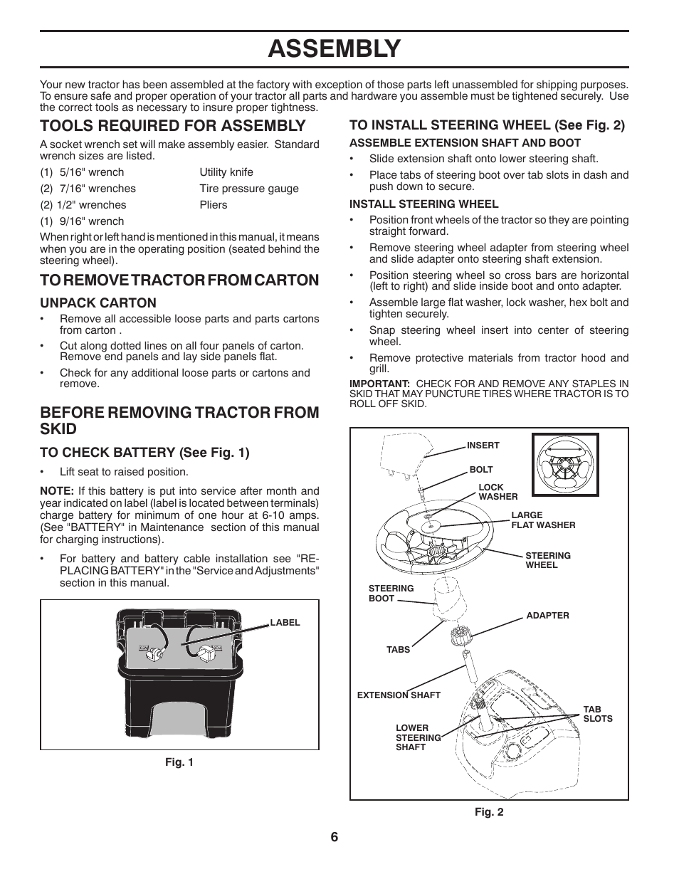 Assembly, Tools required for assembly, Before removing tractor from skid | Poulan XT 96046001400 User Manual | Page 6 / 28