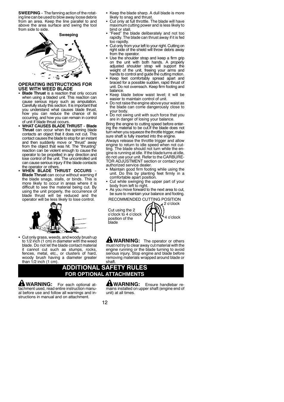 Additional safety rules, Warning, For optional attachments warning | Poulan Pro PP336 User Manual | Page 12 / 20