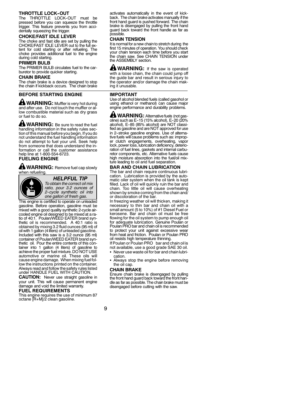 Warning, Helpful tip | Poulan 966063101 User Manual | Page 9 / 21