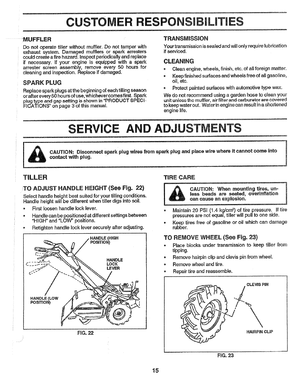 Lyuffler, Spark plug, Transmission | Cleaning, Service and adjustments, To adjust handle height (see fig. 22), Tire care, To remove wheel (see fig. 23), Service ^ adjustments -18, Muffler | Poulan PPRT5C User Manual | Page 15 / 28