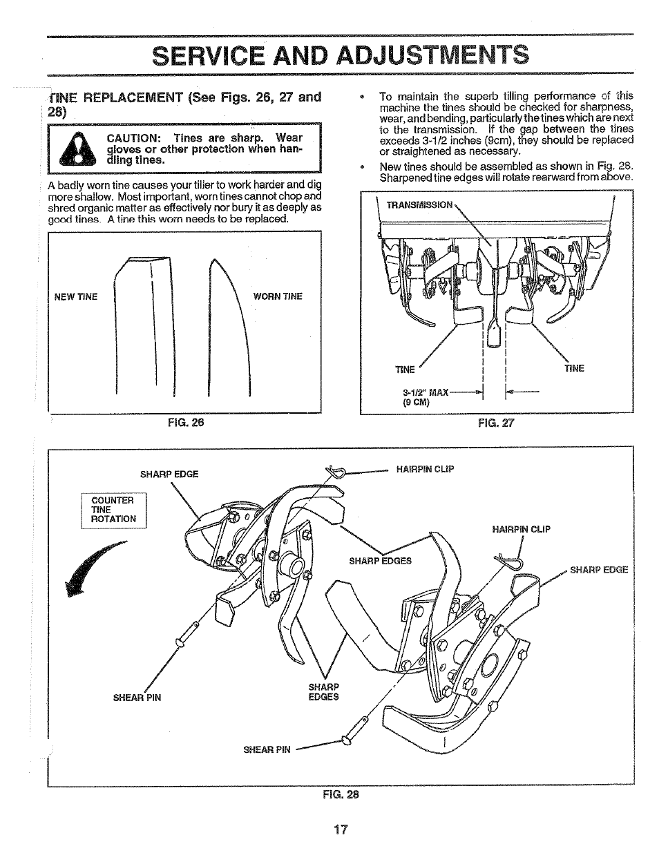 Service and adjustments, Hne replacement (see figs« 26, 27 and 28) | Poulan PPRT5C User Manual | Page 17 / 28