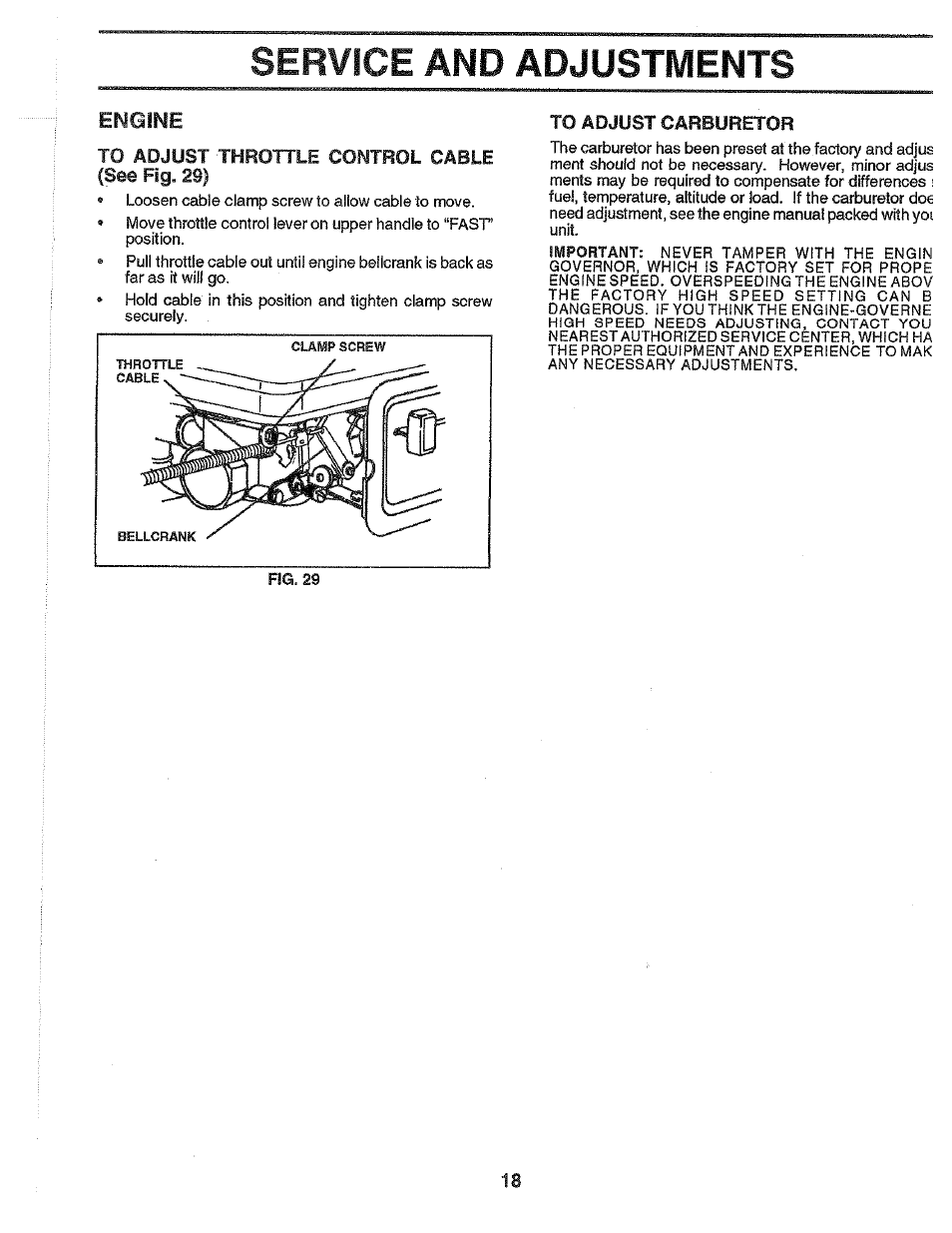 Service and adjustments, To adjust throttle control cable, See fig. 29) | To adjust carburetor, Engine | Poulan PPRT5C User Manual | Page 18 / 28