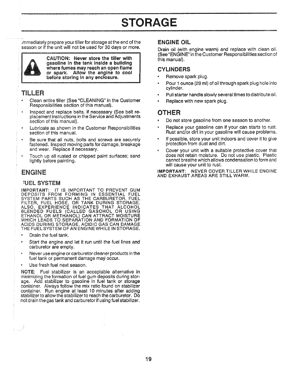 Uel system, Engine oil, Cylinders | Fuel system, Storage, Tiller, Engine, Other | Poulan PPRT5C User Manual | Page 19 / 28