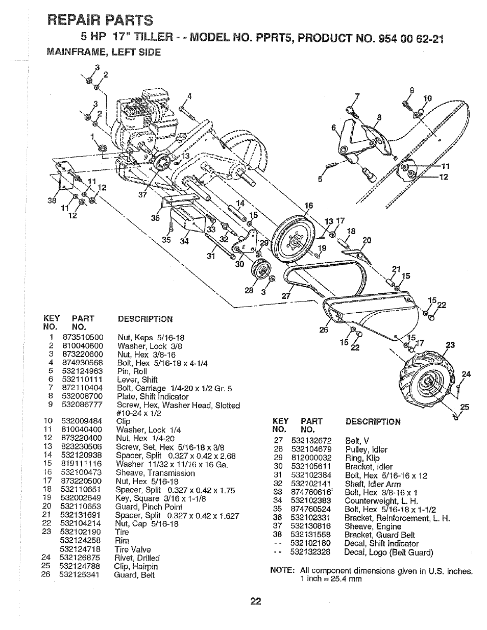 Mainframe, left side, Repair parts, Hp 17" tiller - - model no | Pprt5, product | Poulan PPRT5C User Manual | Page 22 / 28