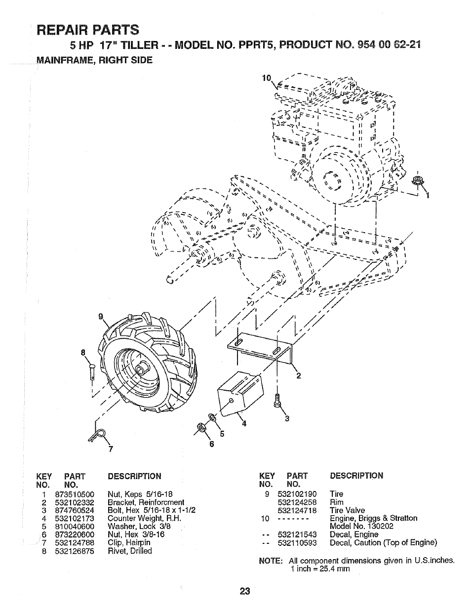 Mainfraye, right side, Repair parts | Poulan PPRT5C User Manual | Page 23 / 28