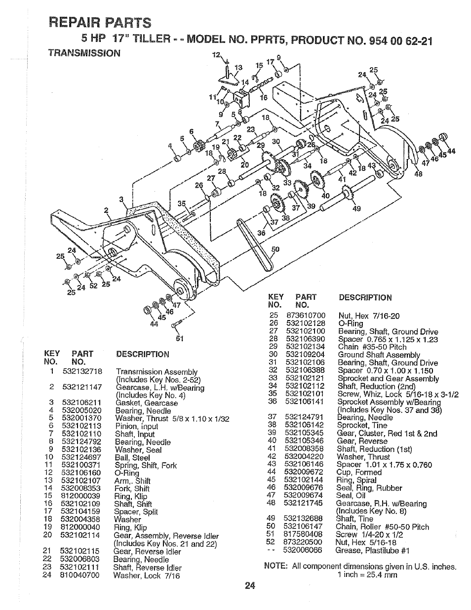 Transmission, Repair parts | Poulan PPRT5C User Manual | Page 24 / 28