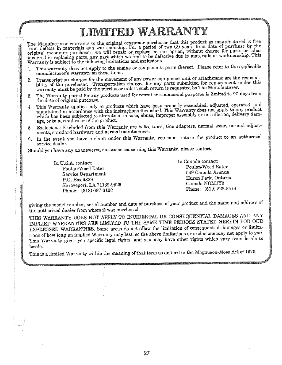Limited warranty | Poulan PPRT5C User Manual | Page 27 / 28