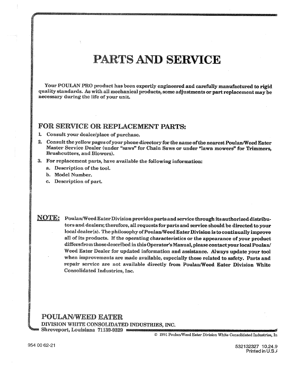 Parts and service, Parts, And service | Service, Replacement, Poulan/weed eater | Poulan PPRT5C User Manual | Page 28 / 28