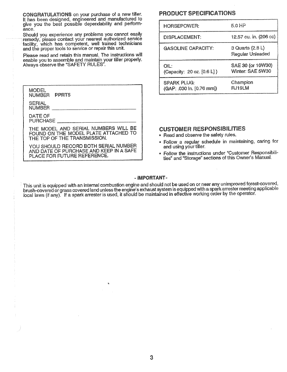 Product specifications, Customer responsibilities | Poulan PPRT5C User Manual | Page 3 / 28