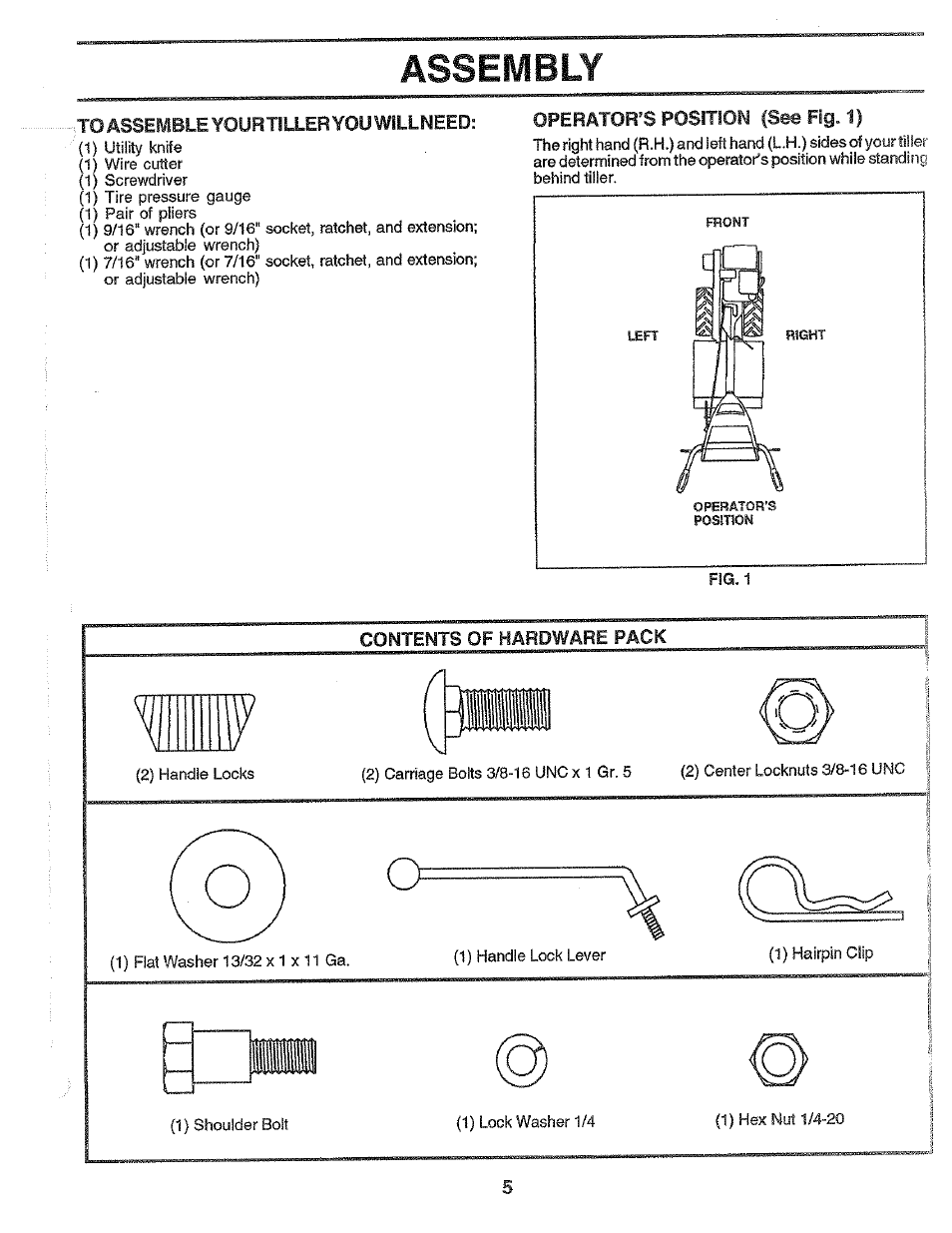Operator’s positioi^ (see fig. 1), Contents of hardware pack, Jill | Assembly | Poulan PPRT5C User Manual | Page 5 / 28