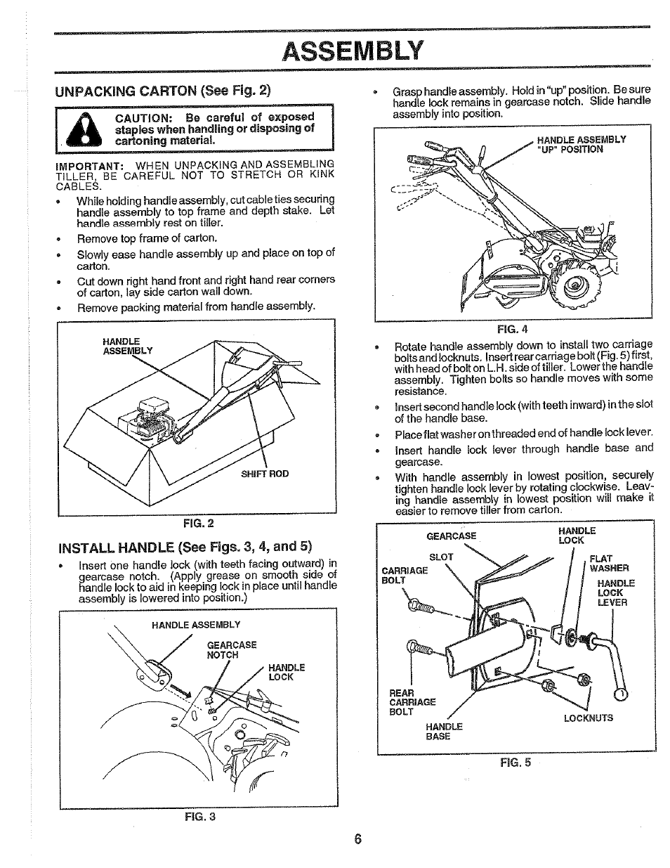 Uhpackim carton (see fig. 2), Install handle (see figs. 3, 4, and 5), Assembly | Poulan PPRT5C User Manual | Page 6 / 28
