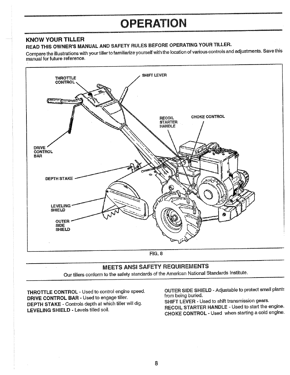 Know your tiller, A/ieets ansi safety requirements, Operation | Poulan PPRT5C User Manual | Page 8 / 28