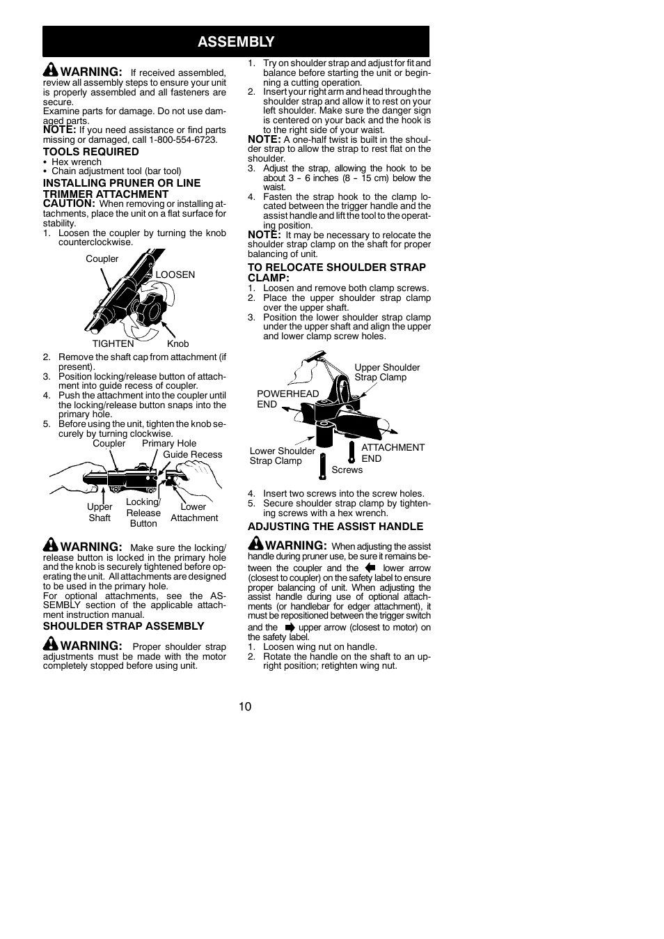 Assembly, Warning | Poulan 545117551 User Manual | Page 10 / 19