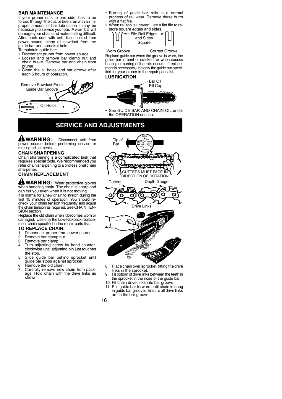 Service and adjustments, Warning | Poulan 545117551 User Manual | Page 16 / 19