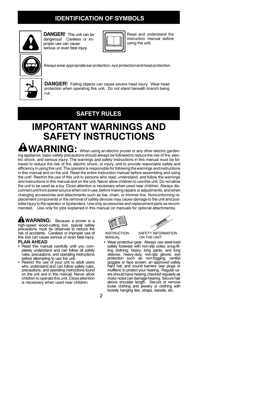 Important warnings and safety instructions warning, Identification of symbols, Safety rules | Poulan 545117551 User Manual | Page 2 / 19